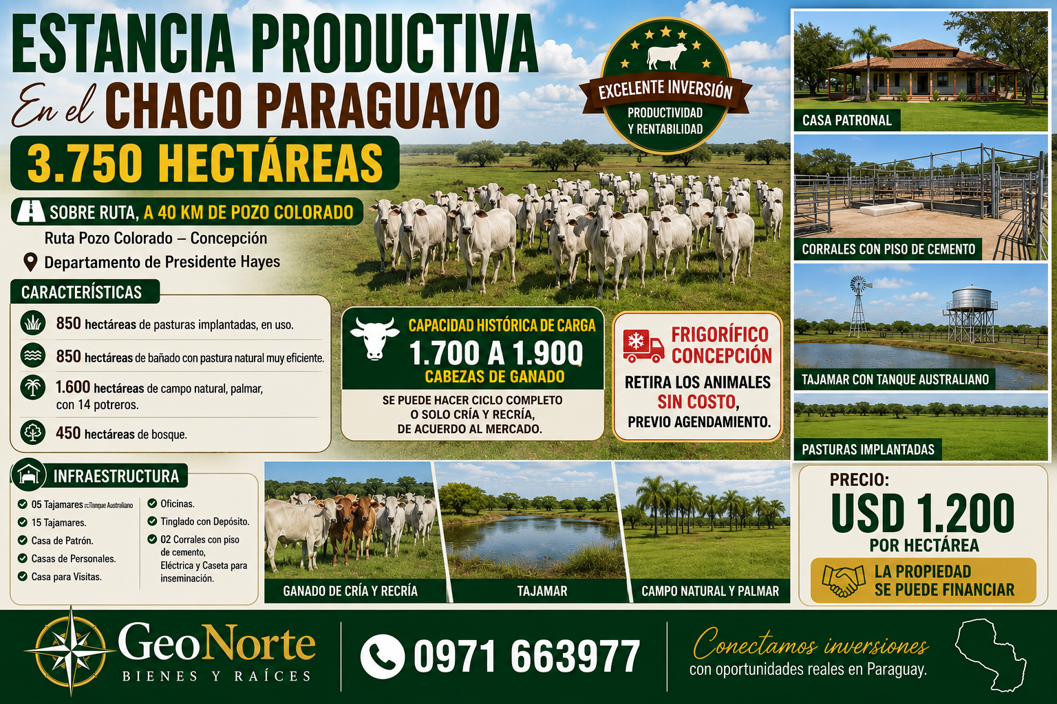 ESTANCIA 3750 HECTÁREAS PTE HAYES. 1600 has. PASTURA con 14 Potreros con 850 pastura implantada